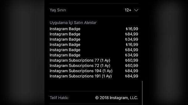 Instagram abonelik ve rozet ücretleri App Store'da bu şekilde yayınlandı.