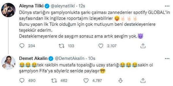 1. Demet Akalın'ın Aleyna Tilki'ye attığı tweet'te ismi geçen Mustafa Topaloğlu Akalın için "Sen beni ağzına alacak kadar gerçek sanatçı mısın?" şeklinde konuştu.