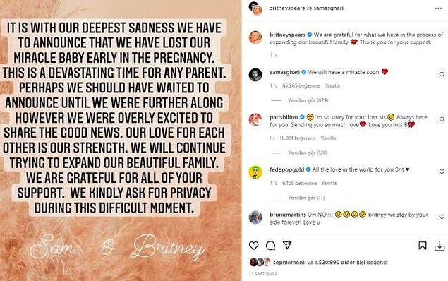 Ünlü şarkıcı Britney Spears Sosyal Medya Hesabından Bebeğini Kaybettiğini Açıkladı!