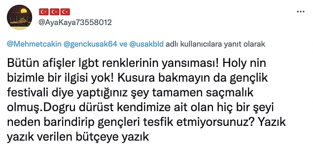 Bu paylaşımın ardından da Mehmet Çakın'a tepkiler yükseldi ve festival şirk olduğu gerekçesiyle bazı kullanıcılar tarafından hedef gösterildi.