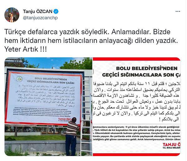 Bolu Belediye Başkanı Tanju Özcan'ın paylaşımı şu şekilde;