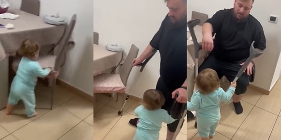Ayağı Kırılan Babasının Oturması İçin Sandalyeyi Çekerek Yardımda Bulunan Küçük Kızın Sevimli Anları