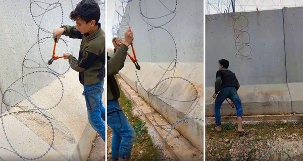 Bir çocuk sınıra örülen duvarın üzerindeki dikenli telleri keserken kaydedilen o anlarını TikTok'ta yayınladı.