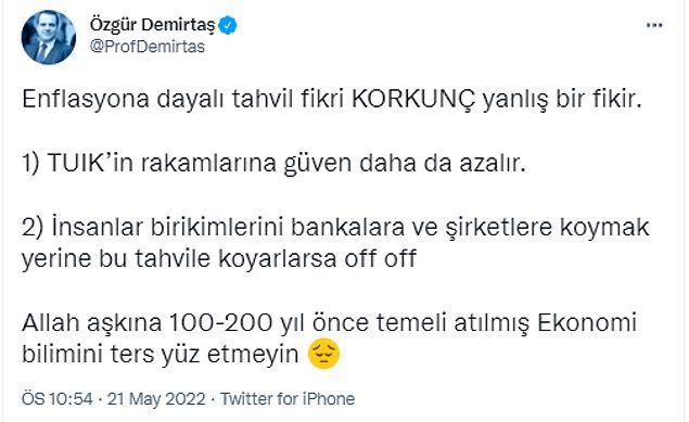 Ünlü ekonomist Prof. Dr. Özgür Demirtaş da enflasyona dayalı tahvil ürününü yorumladı. Twitter'da yaptığı paylaşımlar şu şekildeydi 👇