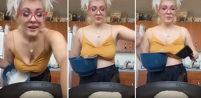 İçinde Hamur Olan Kabı Memesinin Altına Sıkıştırarak Yemek Yapan Kadını Taklit Eden TikToker