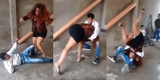 Düşük Bütçeli WWE: İnşaatta Kendilerini İzleyen Küçük Çocukların Önünde Birbirlerini Yerden Yere Savuran Çift