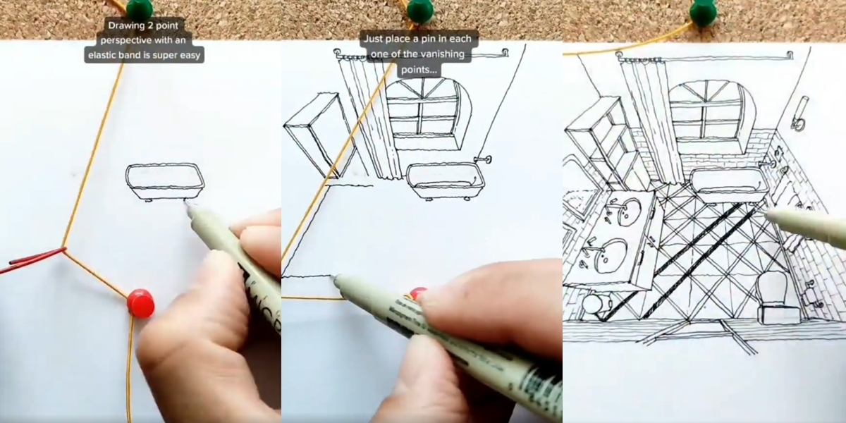 İp ve Raptiye Kullanarak 2 Noktalı Perspektif Çizimi Yapan Sanatçının