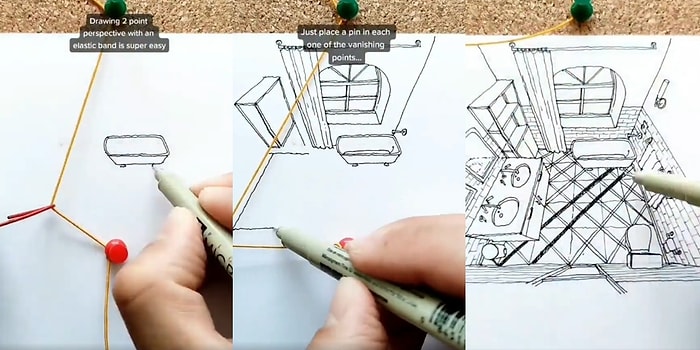 İp ve Raptiye Kullanarak 2 Noktalı Perspektif Çizimi Yapan Sanatçının İzleyenlere Terapi Gibi Gelecek Videosu