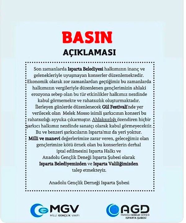 Gerici Milli Gençlik Vakfı ve Anadolu Gençlik Derneği isimli oluşumun baskıları sonucu festival kapsamındaki Melek Mosso konseri iptal edilmişti hatırlarsanız.