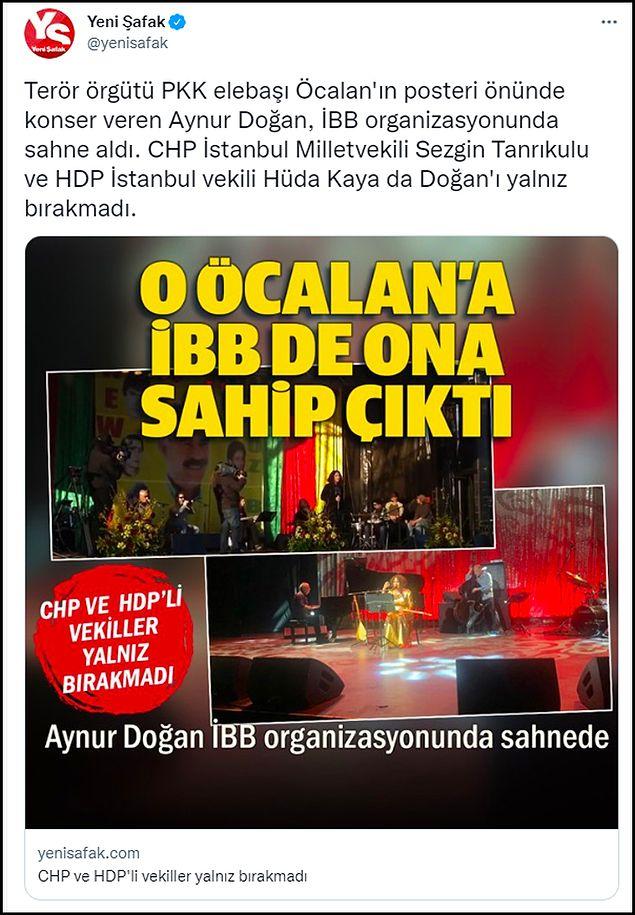 İktidara yakın medya ise Aynur Doğan'ın geçmişte PKK lideri Abdullah Öcalan posteri önünde şarkı söylediğini belirterek İBB ve Sezgin Tanrıkulu'nu hedef aldı. 👇