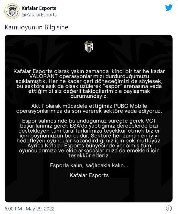 Kafalar Esports resmi sosyal medya hesapları üzerinden yaptıkları bir paylaşım ile bu sefer tüm espor arenasına veda ettiklerini duyurdu.