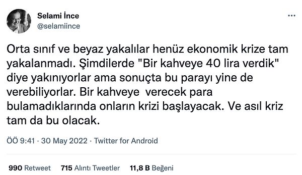 Ancak gittikçe alt sınıfa inen orta sınıfların meselesi sürekli konuşuluyor. Bunlardan biri de Selami İnce'nin paylaşımı...