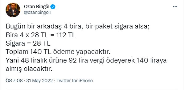 Vergi uzmanı Ozan Bingöl de içkilerdeki vergi oranları ile ilgili dün şöyle bir hesaplama yapmıştı