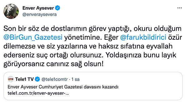 Bir süre sonra da Cumhuriyet Gazetesi'nden kovulan Aysever, bugün Cumhuriyet Gazetesi’ne açtığı işe geri dönüş davasını kazandığını duyurdu ve kendisine iftira atıldığını söyleyerek özür istedi.
