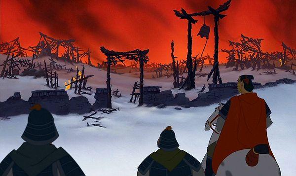 3. 1998 yapımı Mulan'ın ilk yarısı şarkılarla bezeli, ancak karakterler yok edilen köyü bulduktan sonra, animasyonun tonu koyulaşıyor ve o sahneden sonra şarkılardan kaçınılıyor.