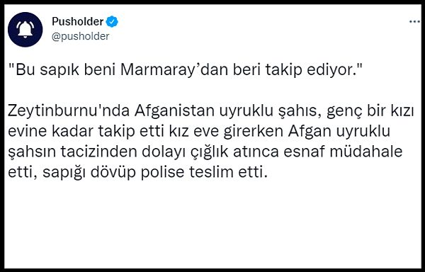 Pusholder tarafından sosyal medyada paylaşılan olay için, "Zeytinburnu'nda Afganistan uyruklu şahıs, genç bir kızı evine kadar takip etti kız eve girerken Afgan uyruklu şahsın tacizinden dolayı çığlık atınca esnaf müdahale etti, sapığı dövüp polise teslim etti" denildi.