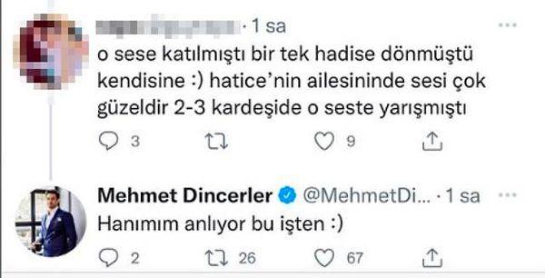 Hadise ile nikah masasına oturan Mehmet Dinçerler Twitter'da yaptığı bir yorumla gündem oldu. Son zamanlarda söylediği şarkılarla dinleyenleri mest eden Hatice'nin videosunu paylaşan Dinçerler, Hadise'yi överek "Hanımım anlıyor bu işten" ifadelerini kullandı.