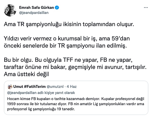 Emrah Safa Gürkan, 1959 öncesi şampiyonlukların sayılması gerektiğini söylüyor.