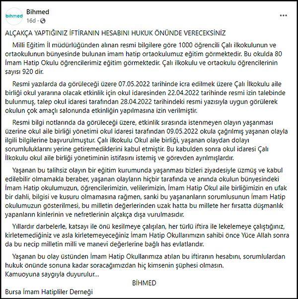 Bursa İmam Hatipliler Derneği ise Facebook üzerinden bir açıklama yaparak Yeliz Toy'un iddialarını yalanlayarak etkinlikle İmam Hatiplilerin hiçbir ilgisinin olmadığını belirtti. 👇