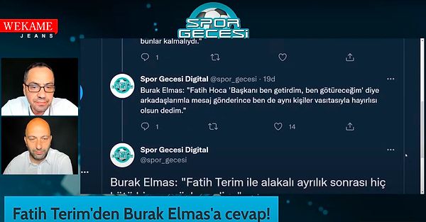 Spor Gecesi programında Gökhan Dinç ve Haluk Yürekli, Galatasaray Başkanı Burak Elmas ile Fatih Terim'in yapmış olduğu açıklamalara yer verdi.