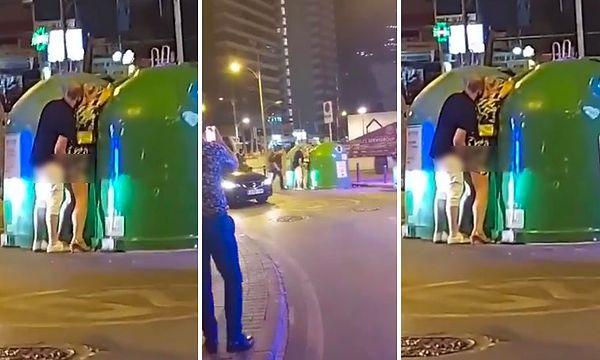 Sokak ortasında çöp konteynerinin arkasında ilişkiye giren çifti vatandaşlar videoya kaydederken, polisin de kısa sürede olaya müdahale etmesi dikkat çekti.