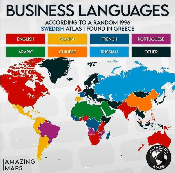 İş hayatında hangi dillerin konuşulduğuna dair yapılan bir araştırmanın gösterdiği bu renkli harita, hangi ülkenin hangi dili konuştuğunu net bir şekilde gösteriyor.