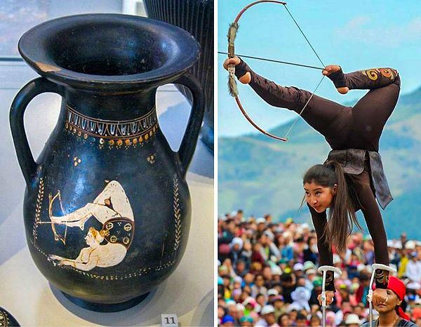 8. İlk görselde ayaklarıyla ok atan akrobat bir kadını betimleyen bir eser bulunuyor. Bu eser M.Ö. 4. yüzyıla kadar uzanır. İkinci görselde ise Kırgızistan'da düzenlenen 2016 Dünya Göçebe Oyunları'ndan akrobatik bir okçu buluyor.