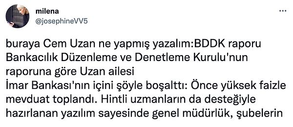 Twitter'dan Milena, Uzan ailesinin İmar Bankası'nın içini nasıl boşalttığını uzun uzun anlattığı bir flood yayınladı, buyurunuz.