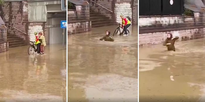 Ankara'da Sağanak Yağış Sonrası Göle Dönen Yolda Suya Düşen Kadının Aşırı Zor Anları