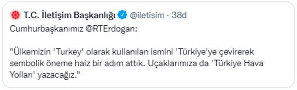 İletişim Başkanlığı Erdoğan'ın ifadelerini Twitter hesabından paylaştı...