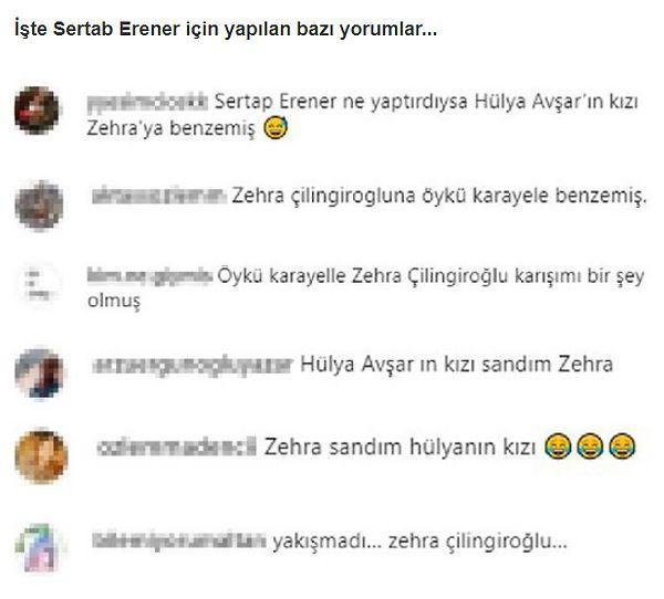 Birçok sosyal medya kullanıcısı, ünlü şarkıcının değişimini görünce tanımakta zorlandı. Bazı takipçileri ise Hülya Avşar'ın kızı Zehra Çilingiroğlu'na benzetti. Sertab Erener'e yapılan bazı yorumlara gelin birlikte bakalım!