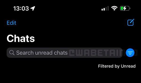 Bu ekran görüntüsünde görebileceğiniz gibi, WhatsApp şimdi arama çubuğunun yanına yerleştirilmiş yeni bir filtre düğmesi sunuyor.
