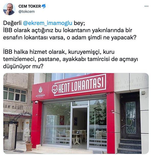 İstanbullular olarak bu habere bizler sevinirken Liberal Demokrat Parti'nin eski genel başkanı Cem Toker'i bu atılım rahatsız etti. Toker, vatandaşları düşünmek yerine diğer lokantalarının durumu konusunda endişelerini dile getirdi.