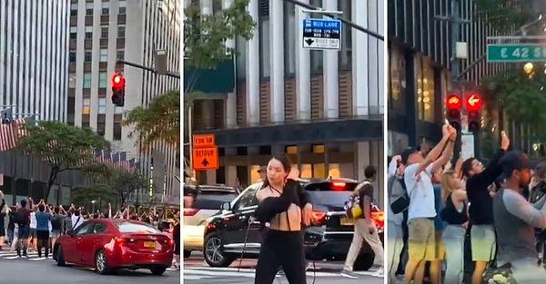 New York'ta da influencer olduğu iddia edilen kadının trafiğin ortasında dans ettiği anlarda o kadını kaydeden yüzlerce insanın görüntüleri de gündem oldu.