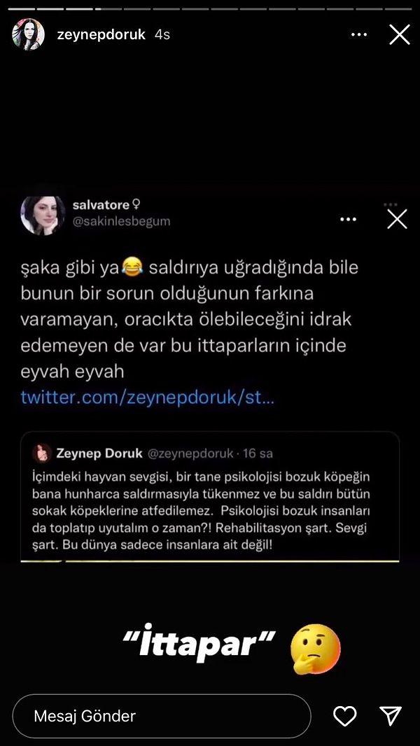 Kendisi hakkında konuşanları sosyal medyasında paylaşan Zeynep Doruk, gelen tepkilerle dalga geçti.