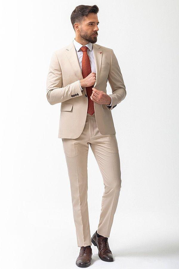 11. Düz Bej Rengi Slim Fit Mono Yaka Klasik Erkek Takım Elbise