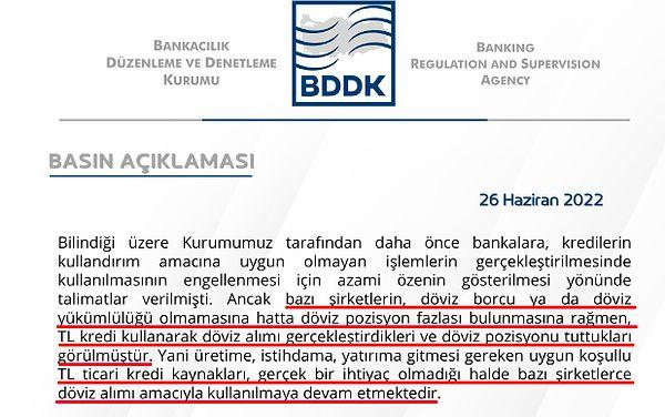 BDDK tarafından dün detaylandırılan açıklamada amacın bazı şirketlerin TL kredi ile döviz alımına engel olmak istenmesi ibaresi şu şekilde yer aldı: