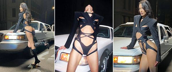 Bir limuzinin etrafından geçen reklam videosunda siyahlar içindeki kostümüyle şov yapan Bella Hadid'in seksi kıyafetini görenler mest oldu.