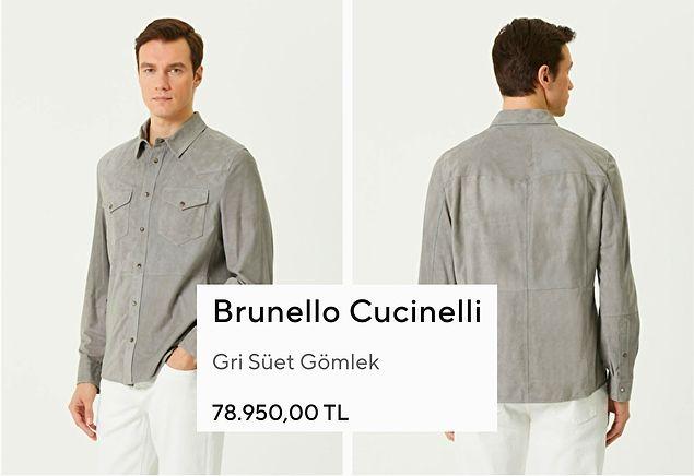 Gelelim içeriğimizin yıldızı, Brunello Cucinelli marka süet gömleğe... Kendisi tam tamına 78.950 TL. 50 TL eksik yazarsak göze batmaz diye düşünmüşler herhalde...