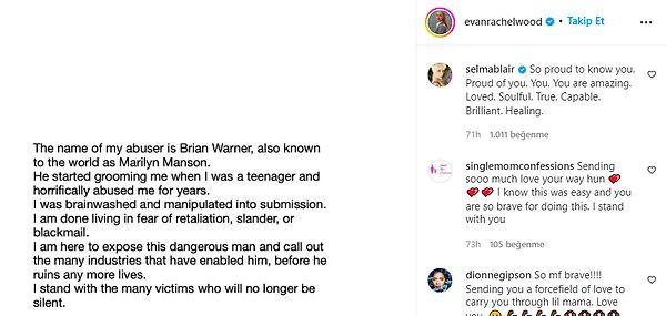 İddialar ilk olarak 2021 yılının başında Wood'un kişisel Instagram hesabından yaptığı bu paylaşımla ortaya çıkmış ve kısa sürede birçok kadının Manson'dan şikayetçi olmasıyla büyümüştü.