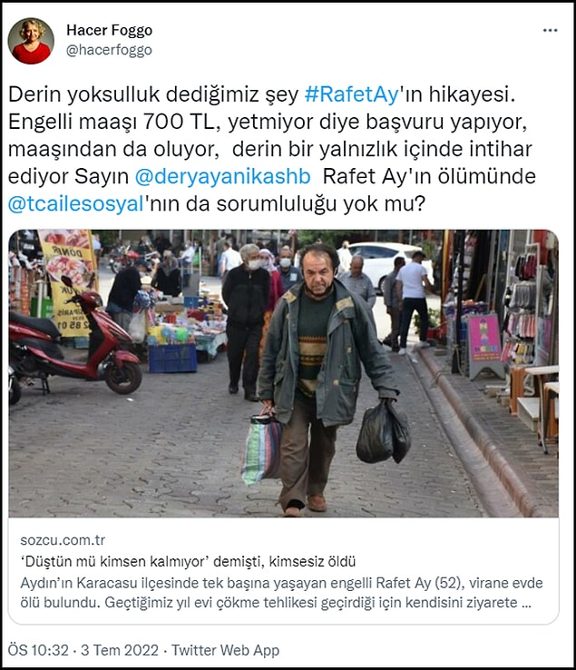 Derin Yoksulluk Ağı kurucularından Hacer Foggo, Twitter'da Rafet Ay ile ilgili haberi paylaşarak Aile ve Sosyal Hizmetler Bakanı Derya Yanık'a "Hiç sorumluluğunuz yok mu?" diye sordu.