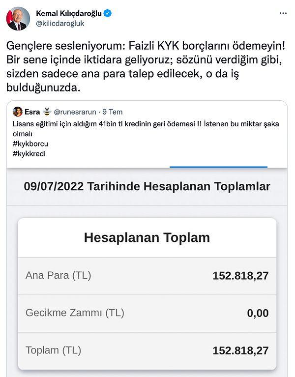 Bunun gündem olmasıyla beraber Kemal Kılıçdaroğlu'ndan tüm öğrencilere 'Sakın borcunuzu ödemeyin' çağrısı geldi.