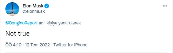 Elon Musk ise bu habere 'doğru değil' yorumunu yaptı. Sosyal medyada da bu cevaba yorum yağdı.