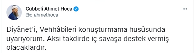 Cübbeli Ahmet Hoca, Vehhâbî Çıkışıyla Ümit Özdağ'a Destek Verirken, Diyanet'i  Uyardı: 'İç Savaş Çıkar!'