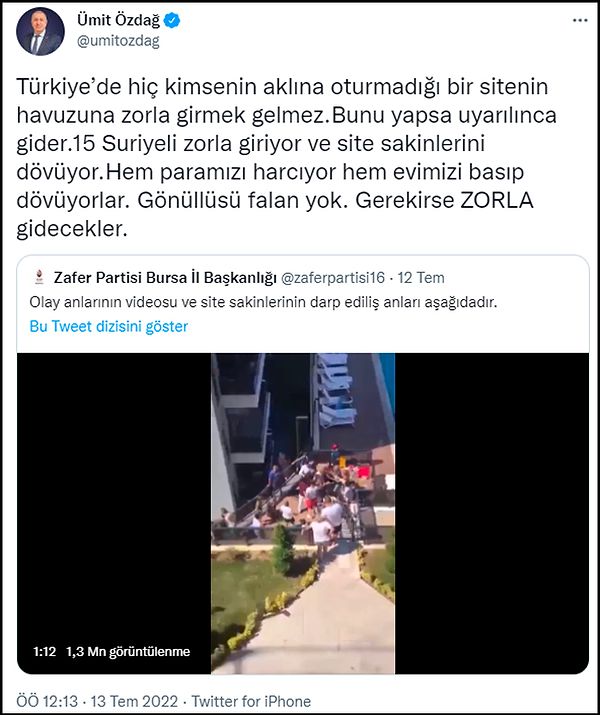 Zafer Partisi Genel Başkanı Ümit Özdağ da görüntüleri paylaşarak "15 Suriyeli zorla giriyor ve site sakinlerini dövüyor" demişti. 👇