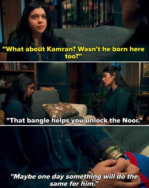 3. Kamala ile konuşurken, Kamran'ın annesi Najma, belki bir gün Kamala gibi güçlere sahip olabileceğini ima eder ki bu, Kamran'ın çizgi romanlardaki geçmişine bir göndermedir.
