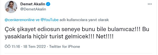 Ünlü şarkıcı, Eren'in paylaşımına konserlerine turist gelmeyeceği konusunda isyan etti.