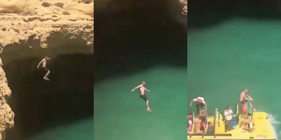 Koydaki Yamaçtan Suya Atlamaya Çalışan Bahtsız Adamın Bot Gezisi Yapan Grubun Üstüne Düştüğü Anlar