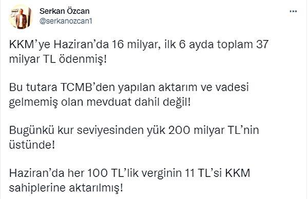 Ekonomist ve Gelecek Partisi Sözcüsü Serkan Özcan, "Haziranda her 100 TL’lik verginin 11 TL’si KKM sahiplerine aktarılmış!" dedi.