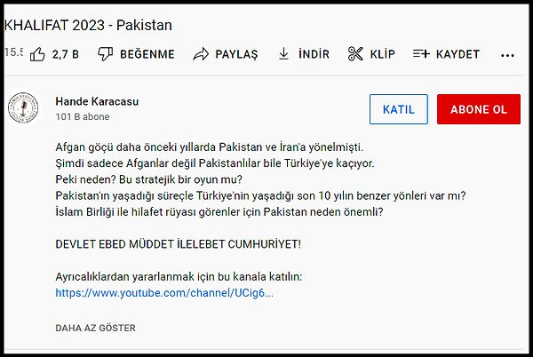 'KHALIFAT 2023 - Pakistan' ismiyle YouTube'da yayınlanan video için Hande Karacasu, 'Afgan göçü daha önceki yıllarda Pakistan ve İran'a yönelmişti. Şimdi sadece Afganlar değil Pakistanlılar bile Türkiye'ye kaçıyor. Peki neden? Bu stratejik bir oyun mu? Pakistan'ın yaşadığı süreçle Türkiye'nin yaşadığı son 10 yılın benzer yönleri var mı? İslam Birliği ile hilafet rüyası görenler için Pakistan neden önemli?' açıklamasını yazdı.